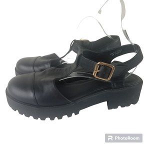 Asos Womens Sz 8 Chunky Heel T-Strap Mary Jabe Black Lug Sole Shoes Faux Leather